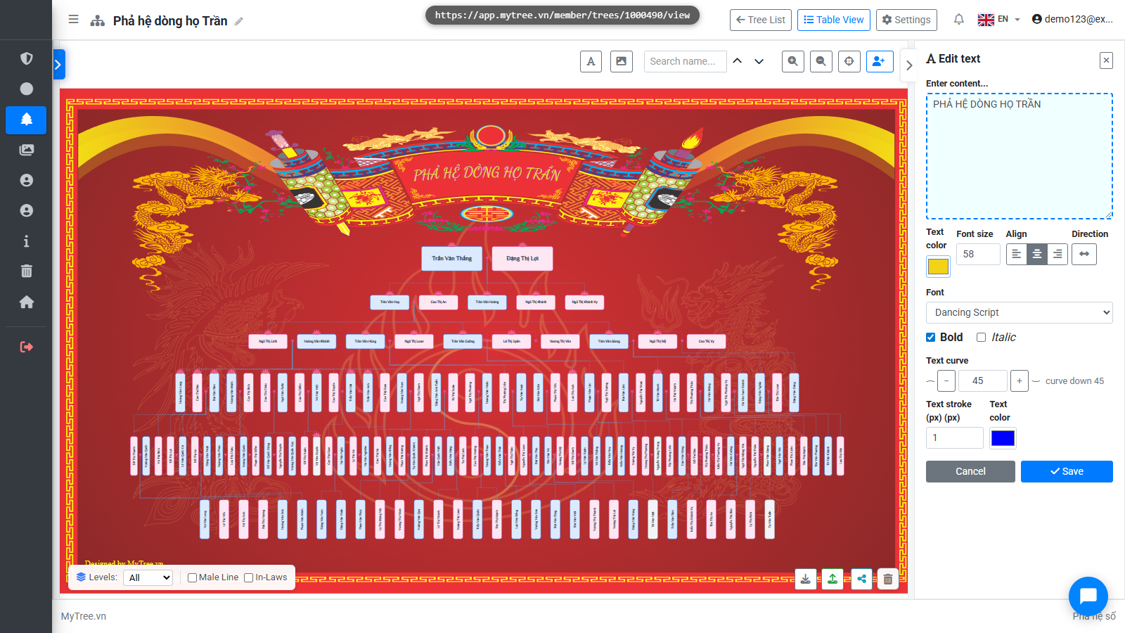 You can resize the text and apply a curved arc effect, adjust the curve amount,