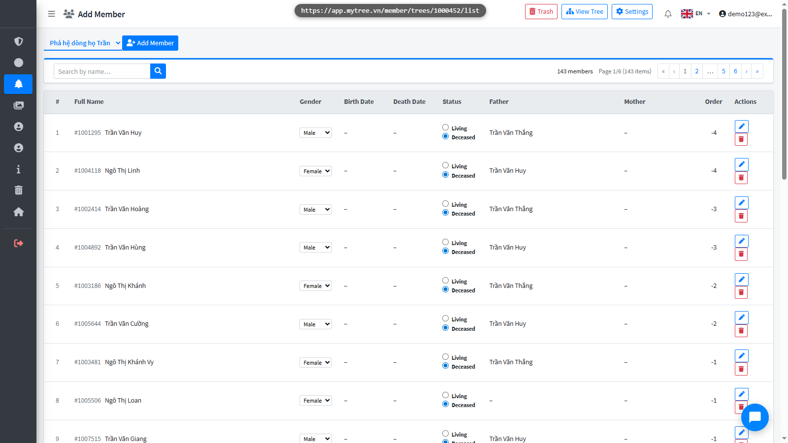 Besides the tree view, you can see all members in a table by clicking the List b